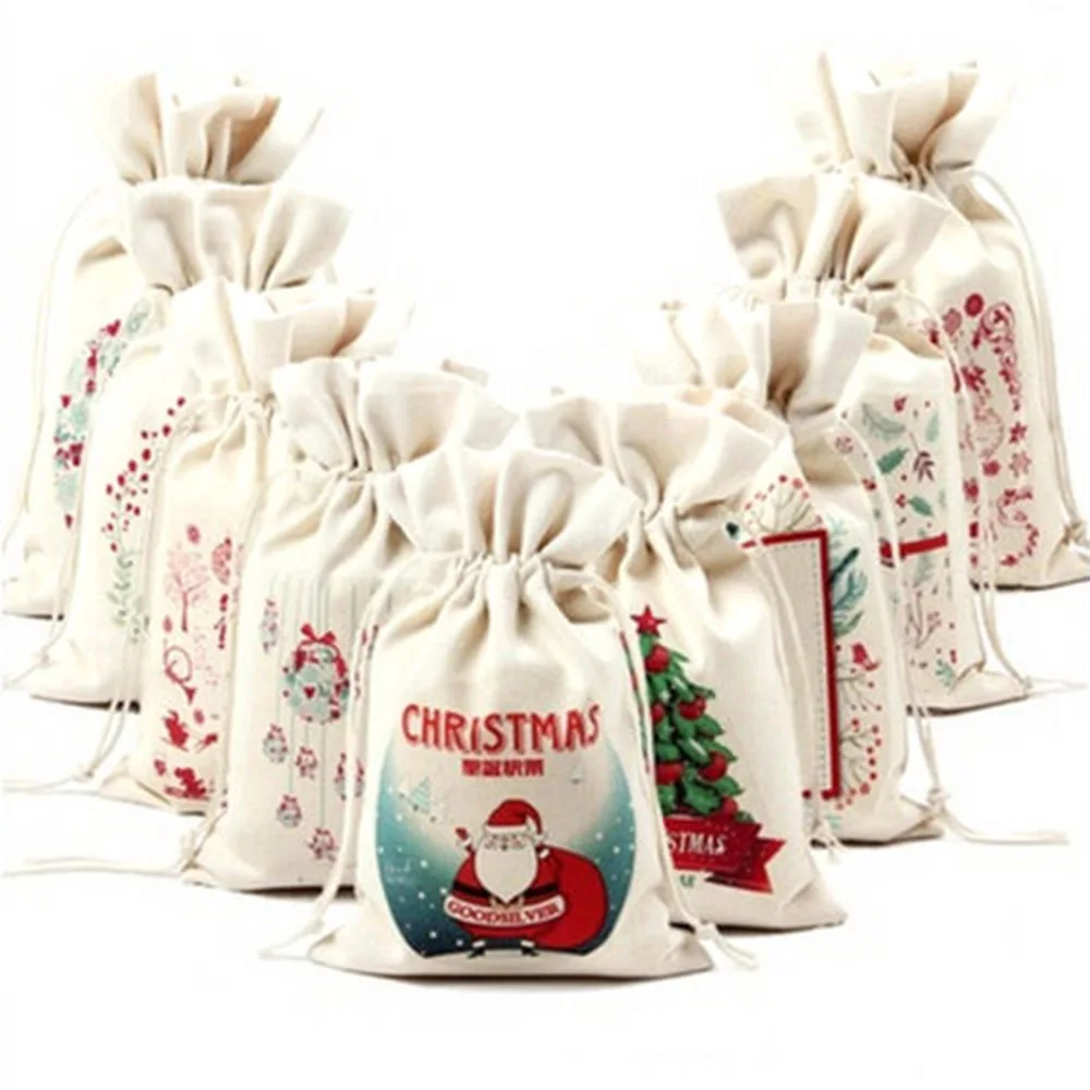 Canvas Santa Sack Drawstring Bags Xmas Decoration Nice Christmas Gift