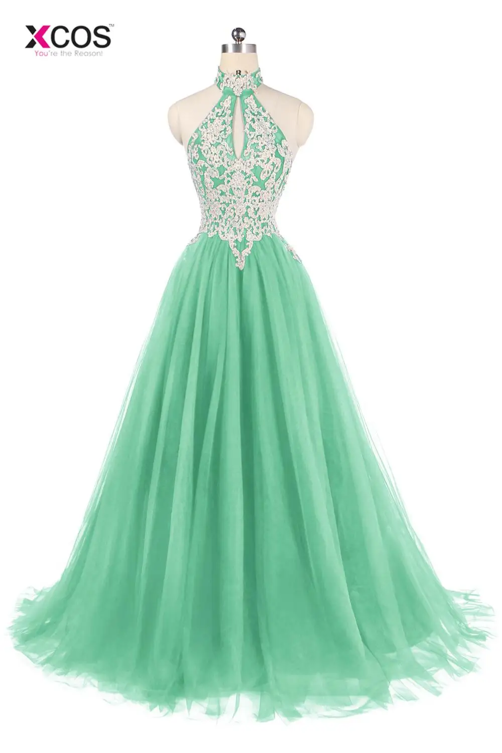 Mint Green XCOS, на заказ, королевское Голубое Кружевное платье на бретелях для выпускного вечера, элегантное ТРАПЕЦИЕВИДНОЕ Дешевое длинное платье для вечеринки, платья vestido de gala - Цвет: Mint Green