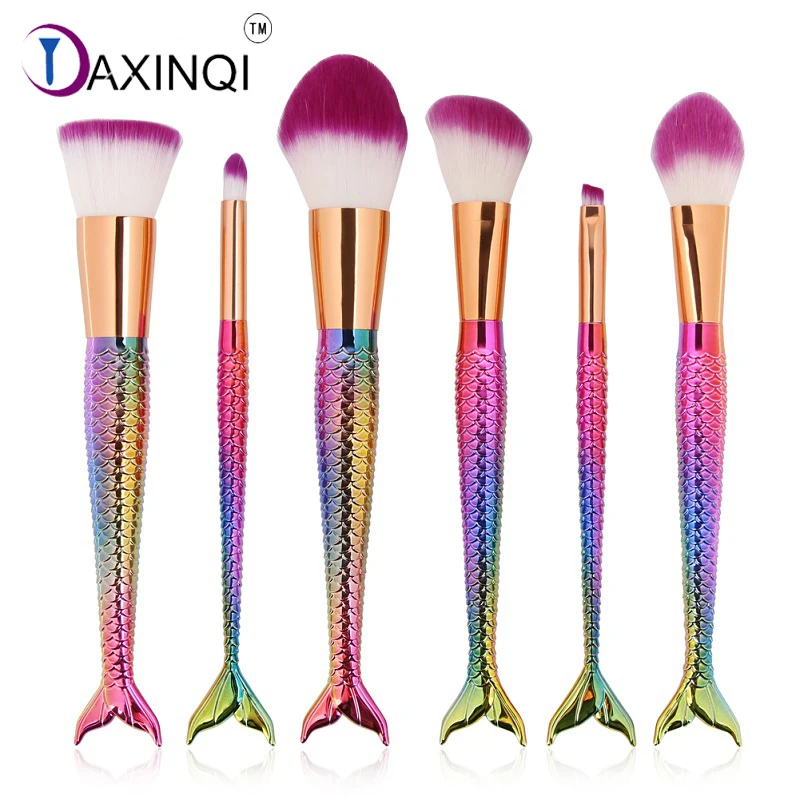 DAXINQI 6pcs mermaid makeup brush set fishtail brush powder foundation blush blending eyeshadow fish scales surface