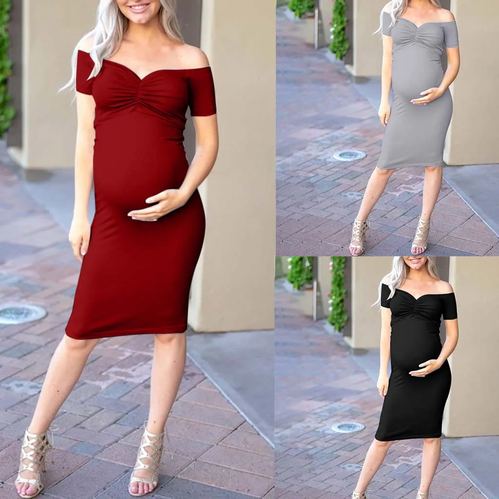 

Women Maternity Dress Off Shoulder Pregnancy Solid Sundress Summer Casual Sexy Dress Ladies Mama Pregnancy Clothes T9#