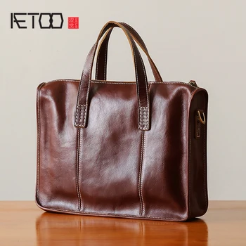

AETOO Handmade handbag male leather retro business casual single shoulder Baotou layer cowhide men's briefcase