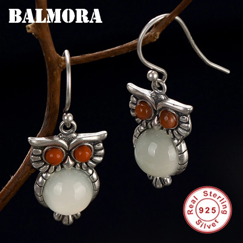 

BALMORA 925 Sterling Silver Owl Animal Carnelian Dangle Earrings for Women Lady Bijoux Vintage Fashion Jewelry Brincos JWE1023
