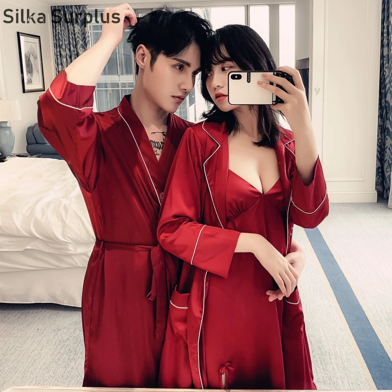 

Silka Surplus Bride groom Kimono Bathrobe Dress Sexy Mini Sleep Nightshirt Sleepwear Wedding Robes Satin Couple Pajamas