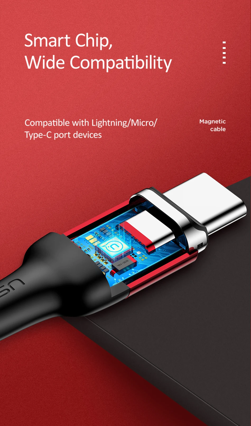 Магнитный Micro USB кабель зарядное устройство для samsung Xiaomi, USAMS Быстрая зарядка Магнитный зарядный кабель для передачи данных кабели для мобильных телефонов