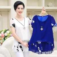 Large Size Women Short Sleeve Chiffon Shirts Mother Double-deck Blouses Fashion Flower Print Tops Pullover Plus Size XL-4XL W919 1