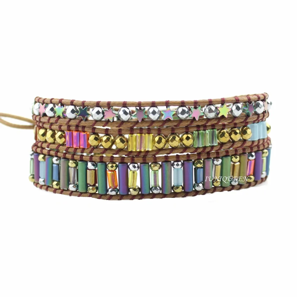 

IUNIQUEEN Designer Multilayer Statement 3 Wrap Crystal and Hematite Bead Stone Women Bracelet with Tree of Life Button
