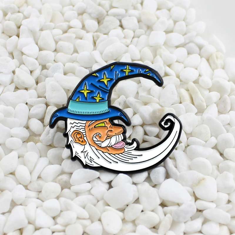 

White beard grandfather Wearing a witch hat Forming a crescent shape brooch Mysterious magic creative badge Suitable for Hallowe