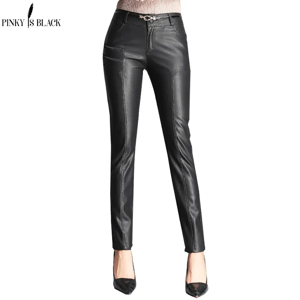 PinkyIsBlack 2018 Autumn Winter Women PU Leather Pants Zipper Capris Pants Trousers Women High
