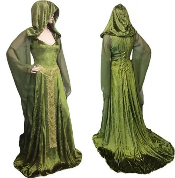 

Women Vintage Medieval Pagan Hooded Dress Romantic Fantasy Gown Floor Length Renaissance Dress Cosplay Retro Witch S-2XL