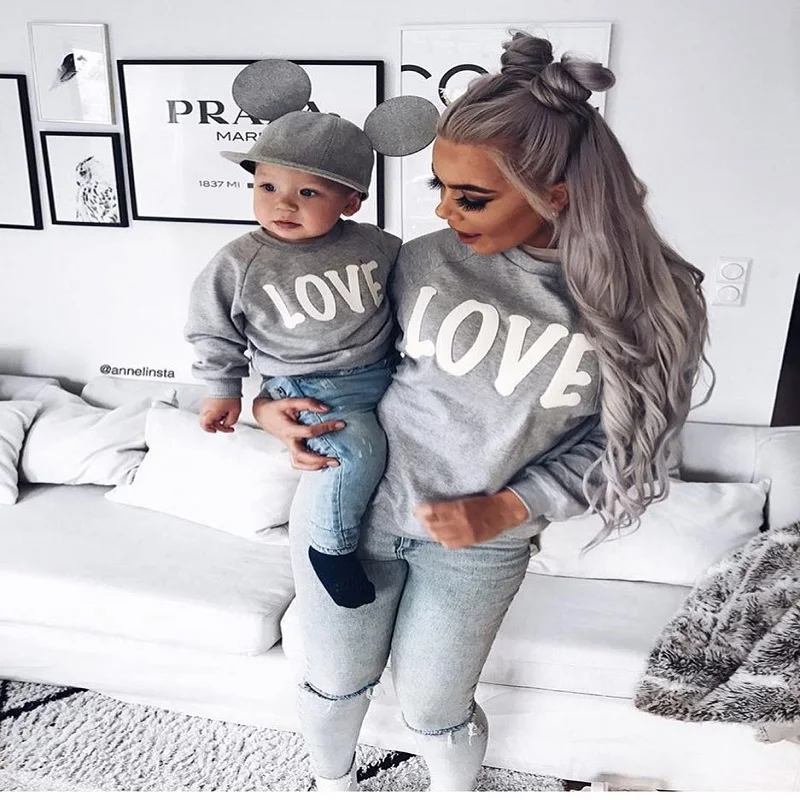 

Aiqingsha Mother Son Long Sleeve Shirt Autumn Pullover Clothes Cotton Letter Gray Warm Clothing for Kids Little Boy 2T To 5T