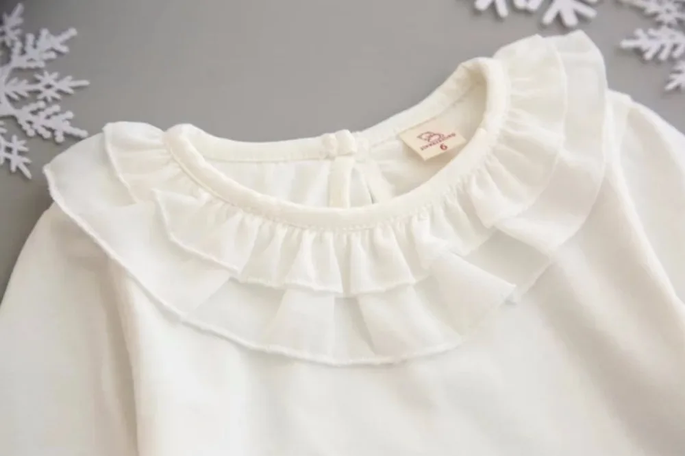 Модные топы для маленьких девочек; хлопковая блузка с длинными рукавами для младенцев; топы с воротником с рюшами; рубашки; белые От 0 до 3 лет; DQ956