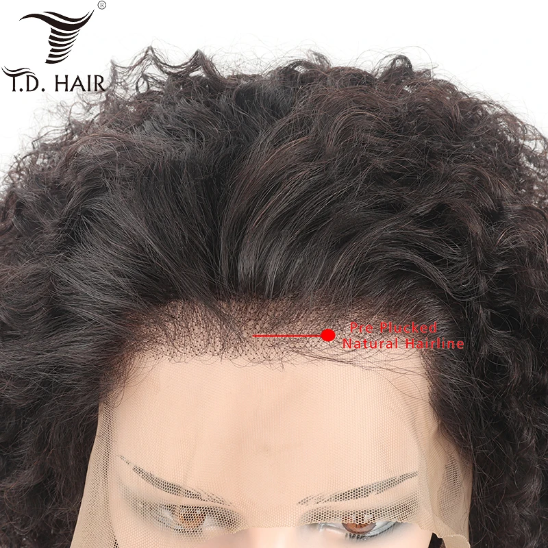 TD кудрявые человеческие волосы парики фронтальные натуральные волосы парик бразильские кудрявые предварительно сорванные отбеленные узлы Волосы remy парики шнурка