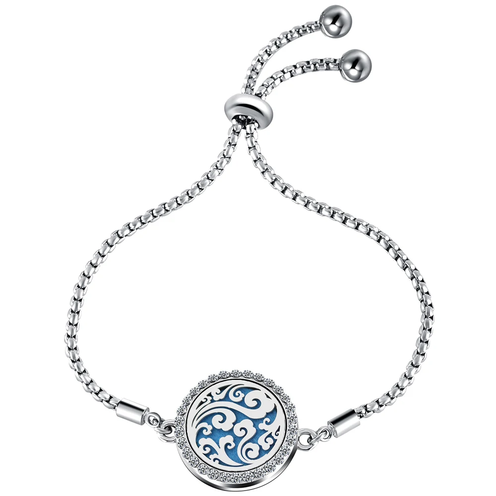 

Wavy shape Full zircon Stainless Steel Aromatherapy Bracelet Adjustable Magnetic Essential oil Diffusing Bracelet for Women