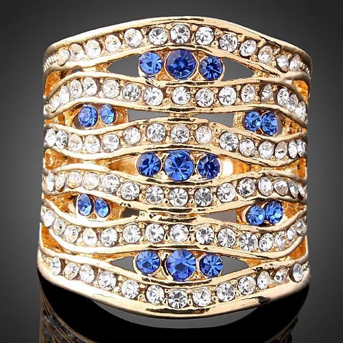 

Chran Gold Color Bule Crystal Wide Rings Jewelry Fashion Hollow Design Women Promised Rings