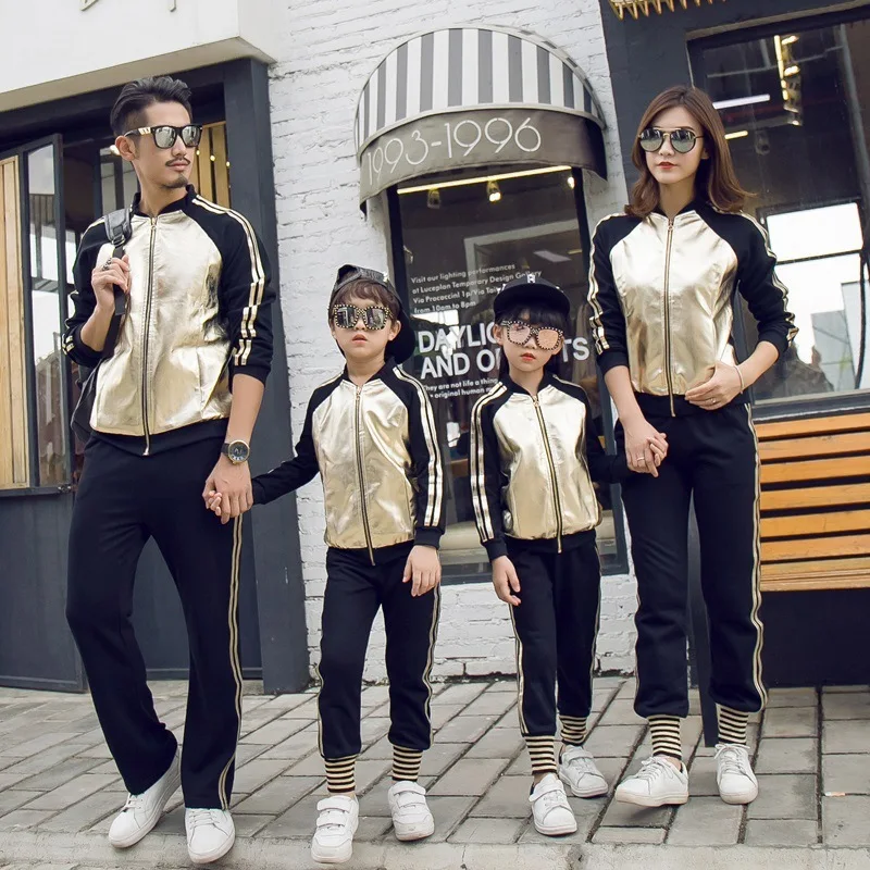 

Autumn Spring Mother Father Daughter Son Clothes Sets Family Matching Hot Stamping Hit Color Jacket + Pants 2 Pcs Family Clothes