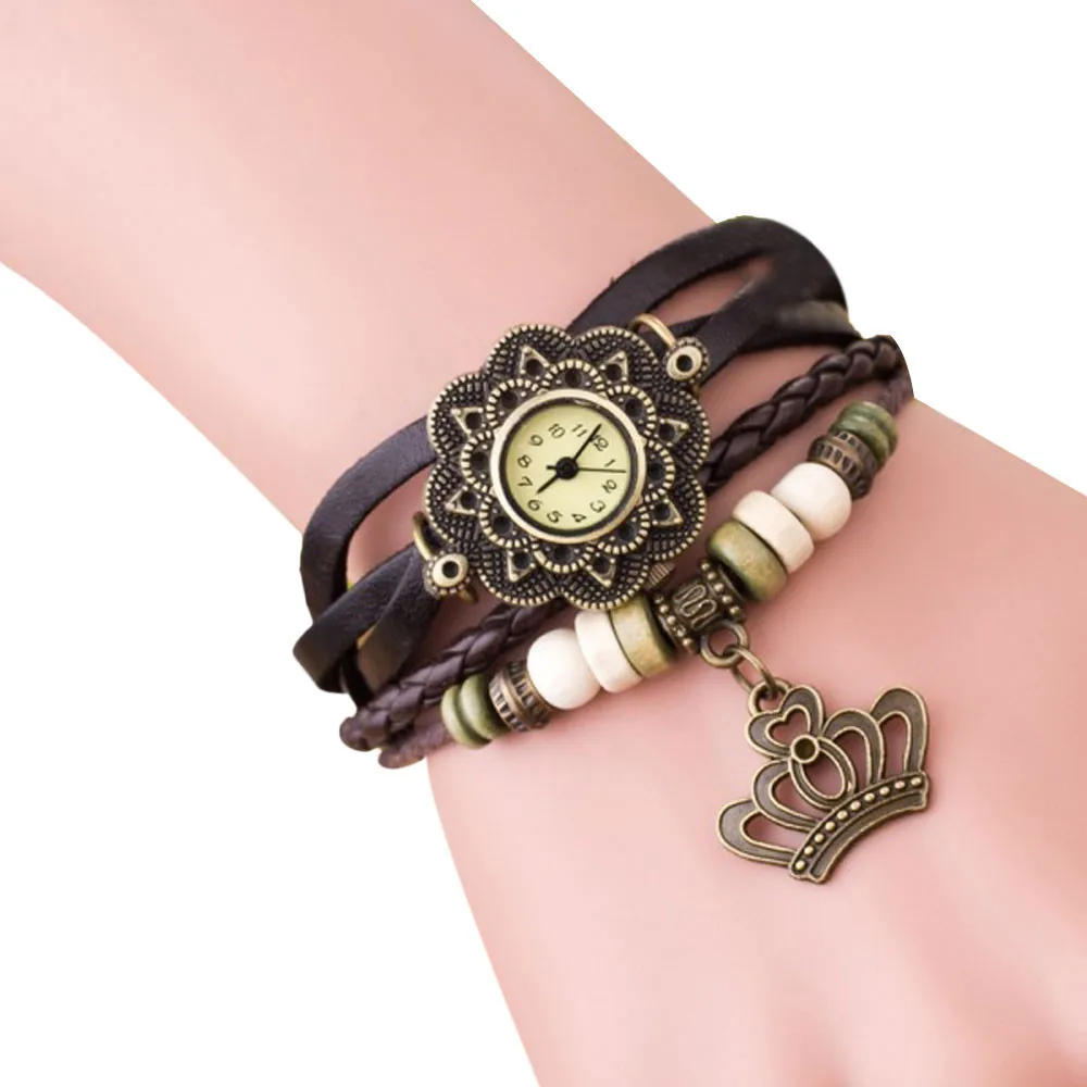 Новинка, модные плетеные часы-браслет, кожаные Наручные часы, кварцевые наручные часы, женские нарядные часы, Relogio Feminino - Цвет: Brown