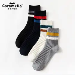 Caramella 4 пар/лот мужские цветные полосатые носки с двойной иглой длиной до середины икры, Антибактериальный Хлопок, Осень-зима, теплые