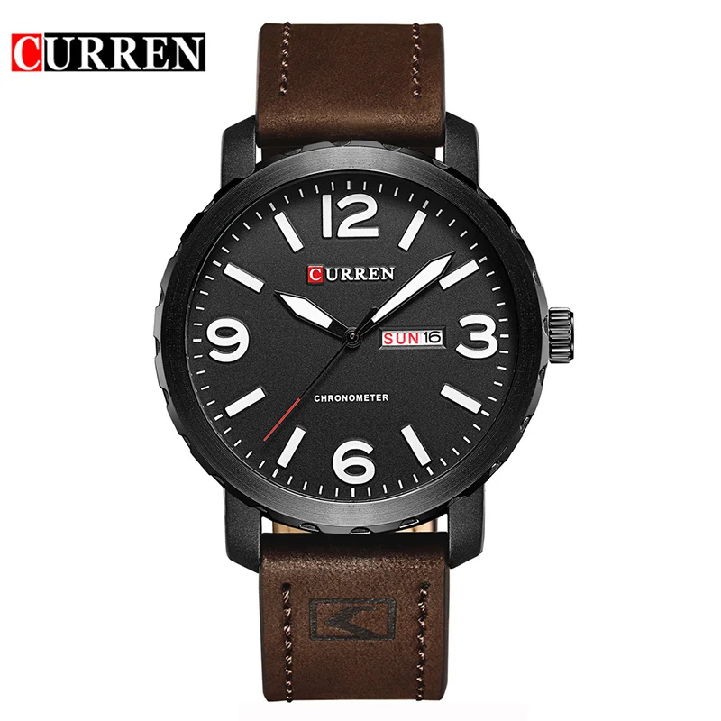 

Curren Calendar Week Display Brown Leather Men Sport Watches Top Brand Luxury Waterproof Military Quartz Wrist Watch Male Clock