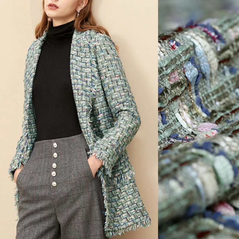 

150CM Wide 420G/M Weight Green Check Soft Knitted Tweed Acrylic Polyester Fabric for Autumn Spring Dress Jacket Coat E923