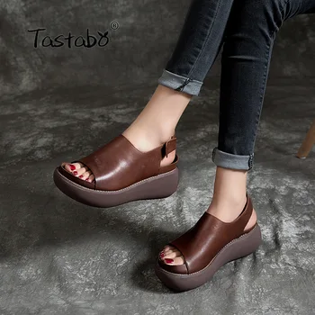 

Tastabo Genuine Leather Ladies sandals Thick bottom Slip-On design Brown green casual style S183-2 Handmade women's shoes 35-40