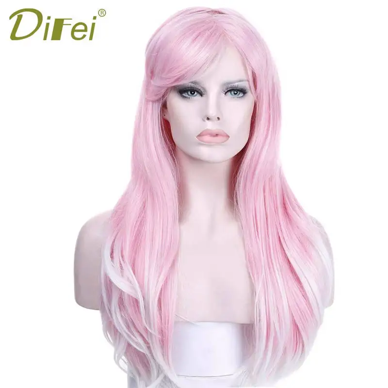 

Cateleya Hair Long Straight Ombre Pink to white Heat Resistant Synthetic Two Tone Wigs For Women 24 inch
