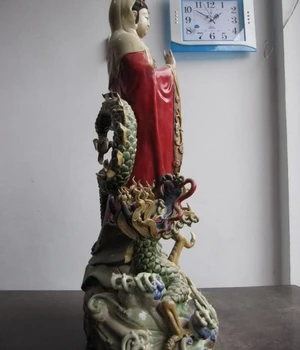 

29 INCH Large WuCai porcelain Ride on Dragon GuanYin Kwan-Yin Statue 8.02