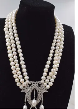 

3rows freshwater pearl white near round 8-9mm and unique shape pendnat necklace 18-20inch FPPJ wholesale beads nature
