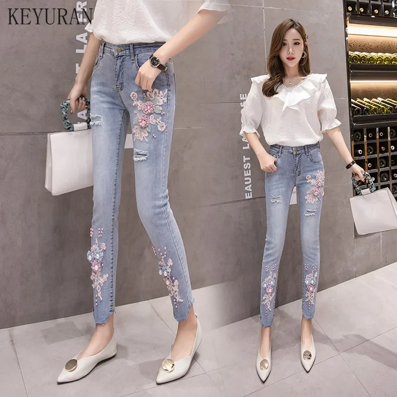 

Denim Pencil Pants Women 2019 Spring Summer New Personality Embroidery Jeans Female Pearl Beads Light Blue Holes Ripped Jeans