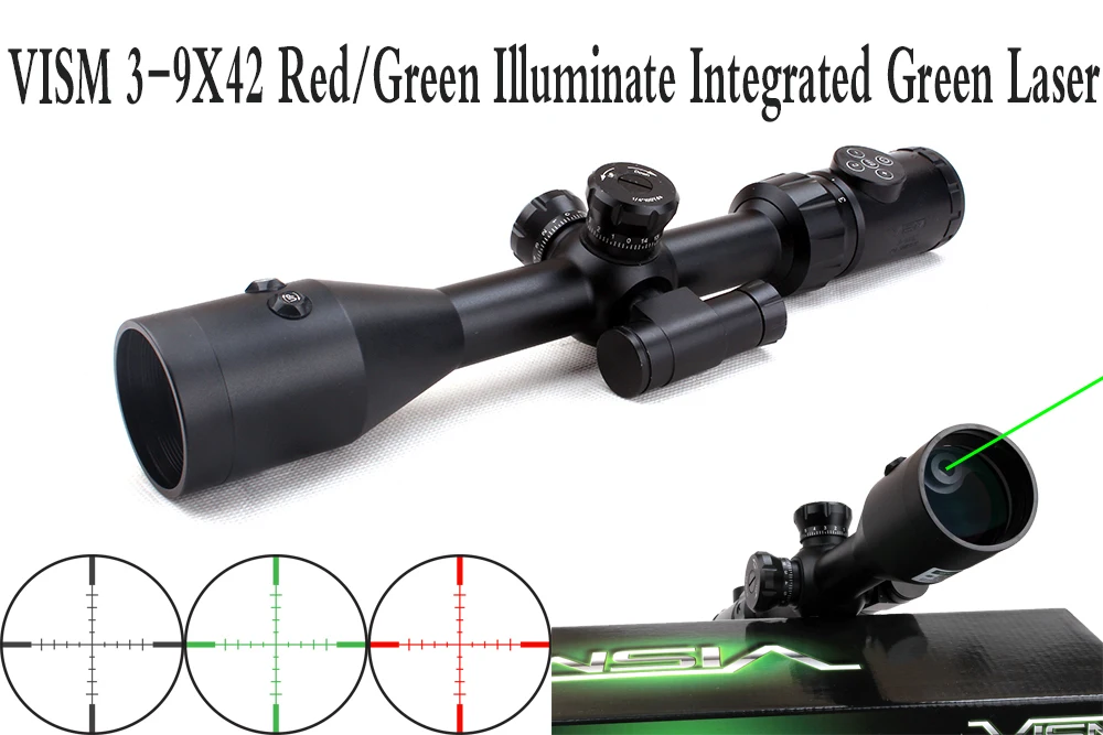 VISM 3 9X42 Red Green Illuminate Tactical Riflescope w Integrated Green Laser Sight Hunting Rifle Scope