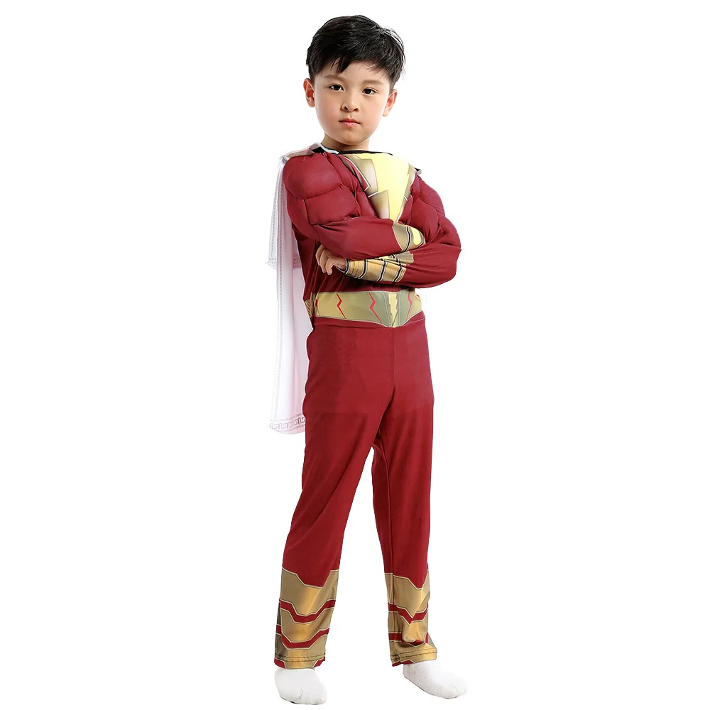 Мальчики мышцы капитан Марвел Shazam костюм Дети Супермен Косплэй детская