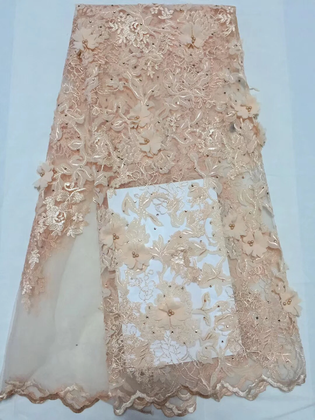 

Peach Embroidery Lace, High Quality African Tulle Lace Fabric,3D Fabric Stone Beads Flowers Wedding Dress Lace Tissue CD23031