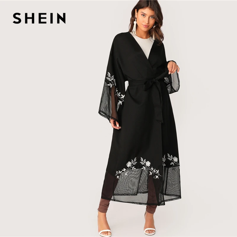 Шеин, открытая передняя сетчатая вставка, цветочное кимоно,, черное элегантное весеннее женское летнее длинное кимоно с поясом