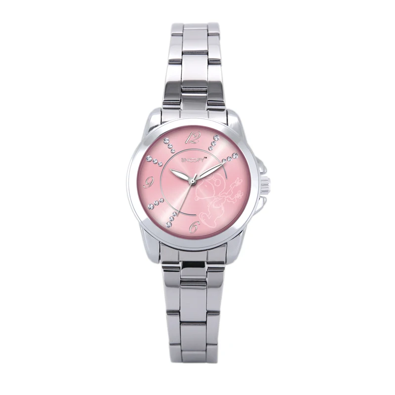 Снупи часы женские часы Мода Повседневная часы из нержавеющей стали роскошные часы с бриллиантами Кварцевые наручные часы - Цвет: Розовый