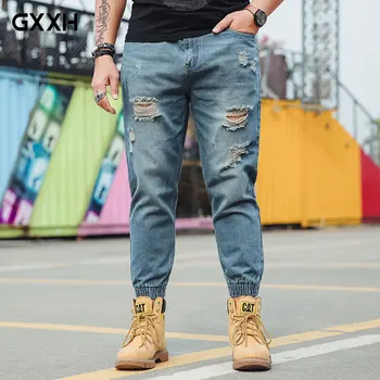 

New fashion Hole Beam feet 0ld Nine pants Spring and Autumn Loose large size Straight waist straight jeans Size XL-5XL 6XL