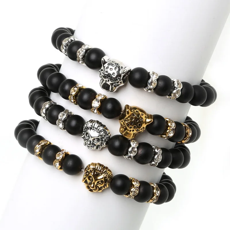 

8mm Antique Gold Sliver Buddha Leo Lion Head Charms Black Agates Onxy Elastic Rope Beads Bracelets For Men Women Jewelry