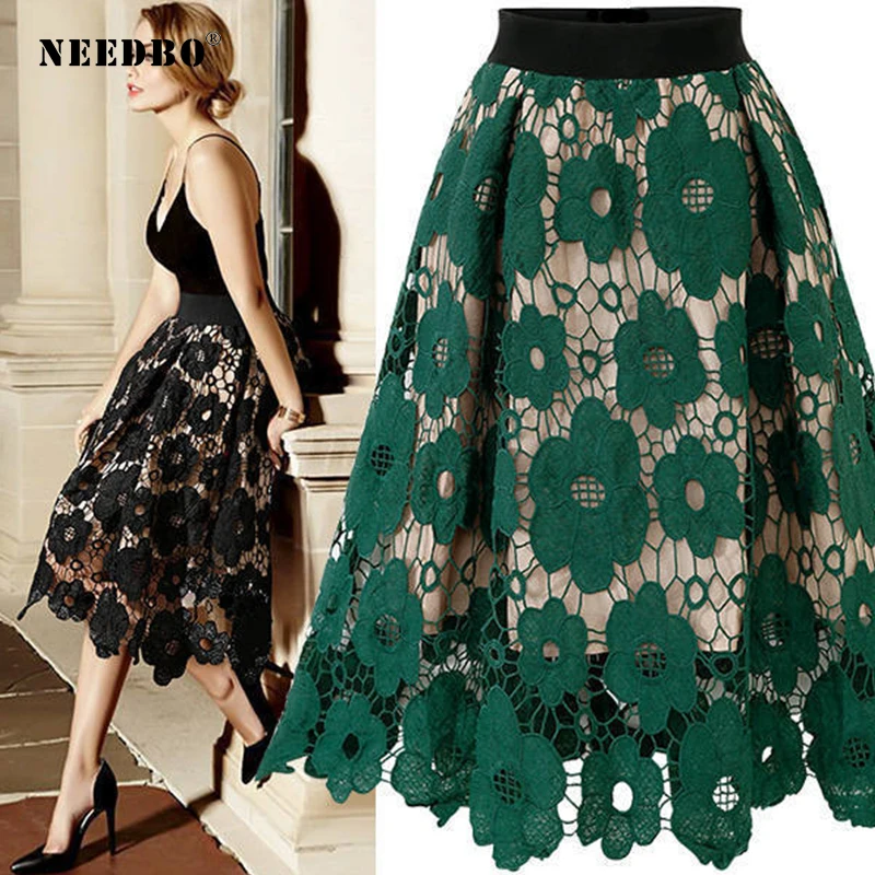

NEEDBO Fashion Midi Skirts For Women Summer Long High Waist Skirt Lace Flower Women Skirts A Line Casual Elegant Skirts Female
