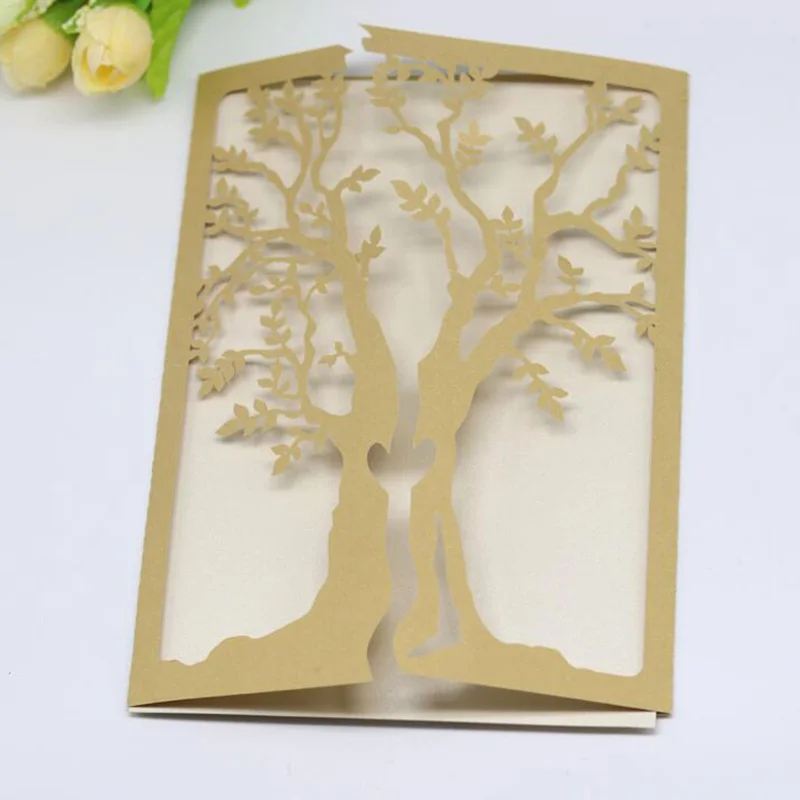  10pcs Gold Sample Laser Cut Wedding Invitations Card Elegant Tree Leaf Greeting Card Print Birthday - 4000293377928