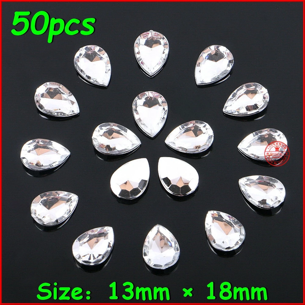 

50pcs/lot Top Grade 13*18mm Shiny Drop Sliver Rhinestone No Hole White Crystal Stone Women DIY Jewelry For Wedding Dress Clothes