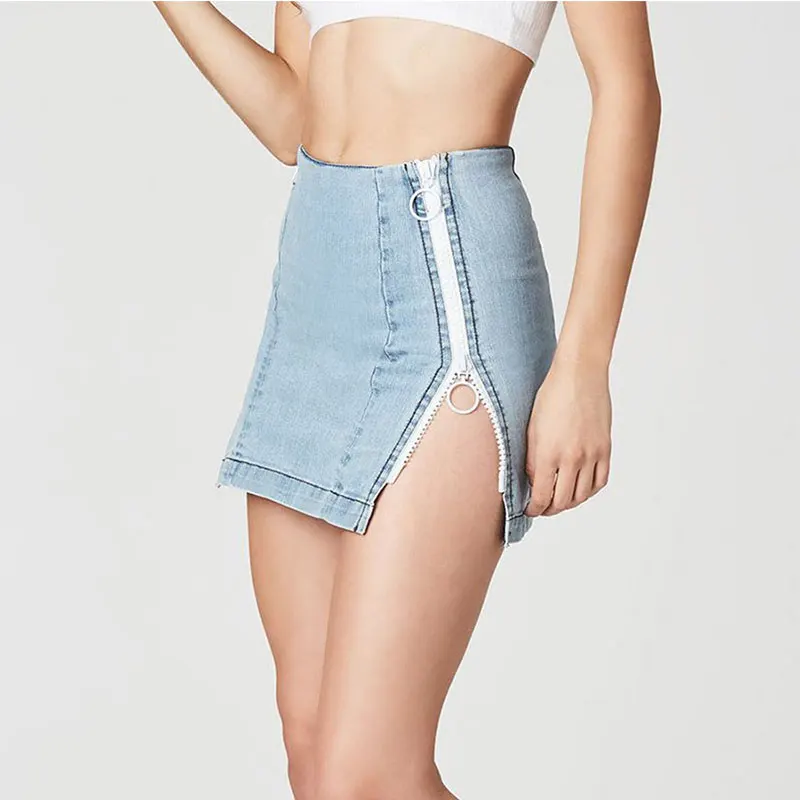 

Sexy Zippers Mini Denim Skirt Women Double Zippers Fashion Elasticity Slim Bodycon Skirts Ladies Casual Sexy Club Jeans Skirts
