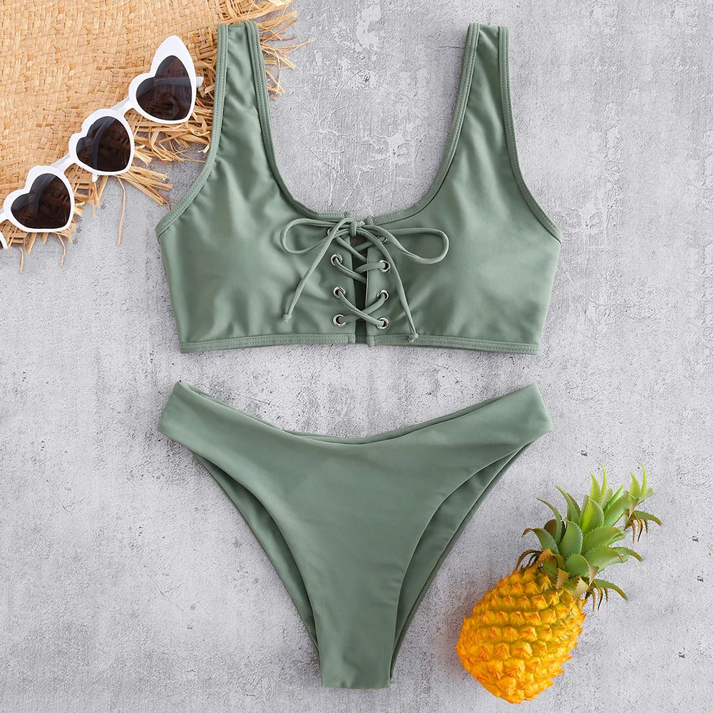 

ZAFUL Scoop Lace Up Bikini Swimwear Solid Color Swimsuit Padded Wire Free Swimming Wear Bathing Suit Bikini Set Biquini