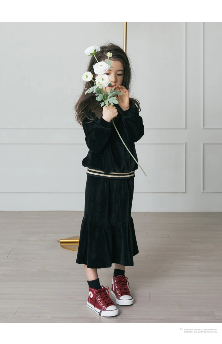 Teenage Clothing For Big Girls Black Velour Long Sleeve Blouse With Fishtail Flare Skirt 2 Pieces Set Velvet Clothes 2018 Autumn (2)