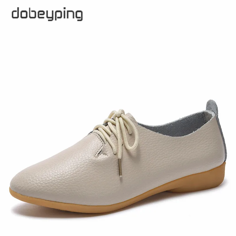 Baratos Dobeyping 2018 nuevos zapatos de mujer de cuero genuino zapatos de mujer con cordones planos de mujer de Punta puntiaguda Oxfords tamaño grande 35 44