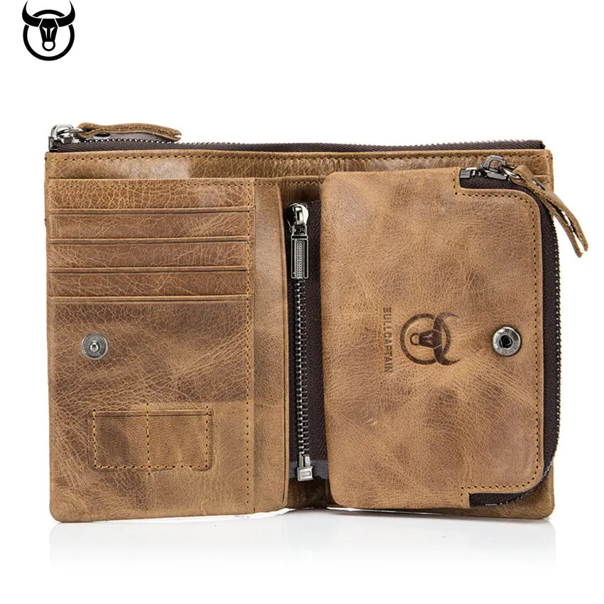 

BULLCAPTAIN Real Leather Men Wallets Short Coin Purse Small Vintage Wallet Hasp Zipper Money Bag Card Holder Pocket Purse Wallet