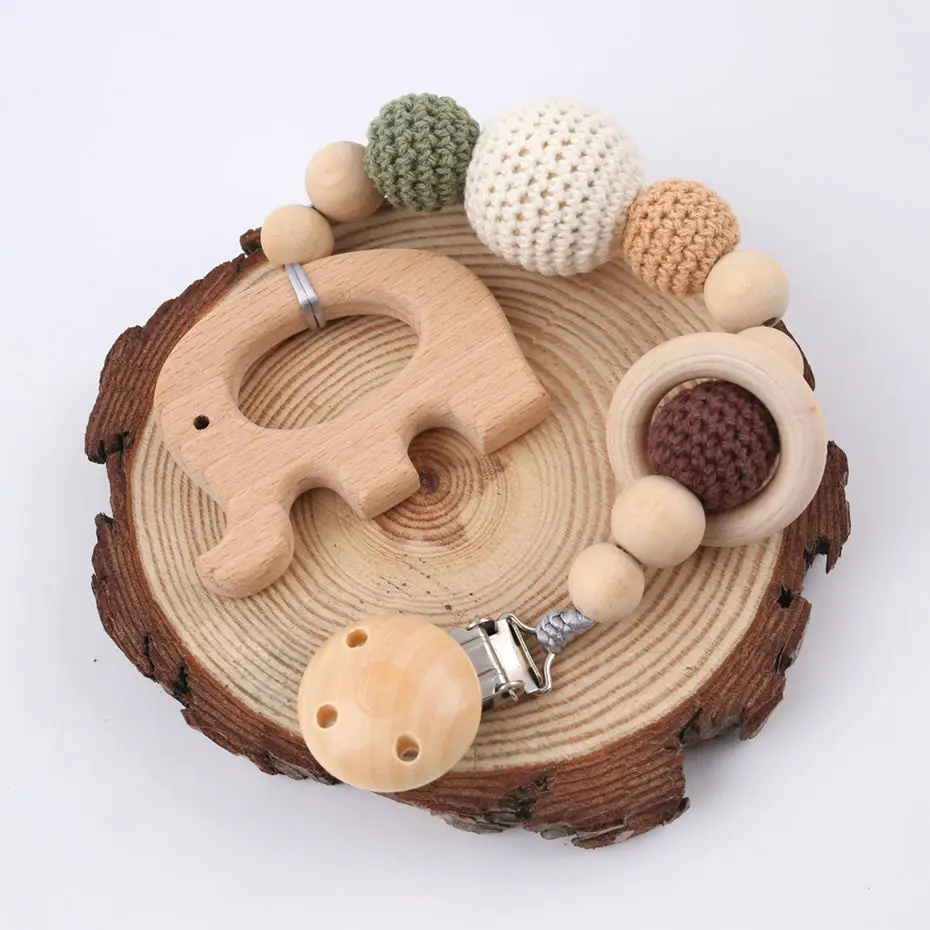 

1PC Baby Wooden Teether Pacifier Clip Chain Elephant Pendant Crochet Beads Rodent Soother Clip Baby Shower Gift For Kids Toys