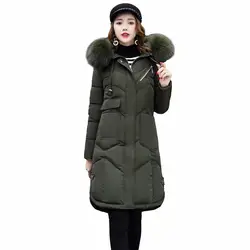 Стеганое пальто Для женщин парки длинные Армейский зеленый дамы Костюмы 2018 новый большой меховой воротник зимнее пальто Для женщин