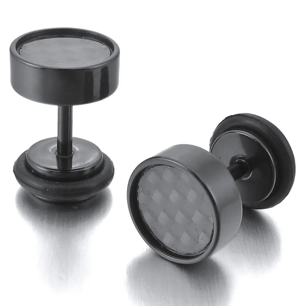 

Fashion Men's 8mm Black/Silver/Gold Stud Earrings Stainless Steel Tunnel Plug with Carbon Fiber Body Piercing Jewelry for men