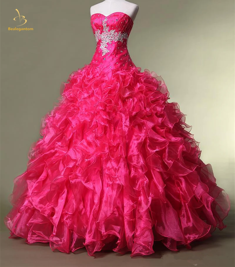 

Bealegantom Fuchsia Quinceanera Dresses 2019 Beaded Sweetheart Ball Gown Lace Up Back For 15 Years Vestidos De 15 Anos QA1411