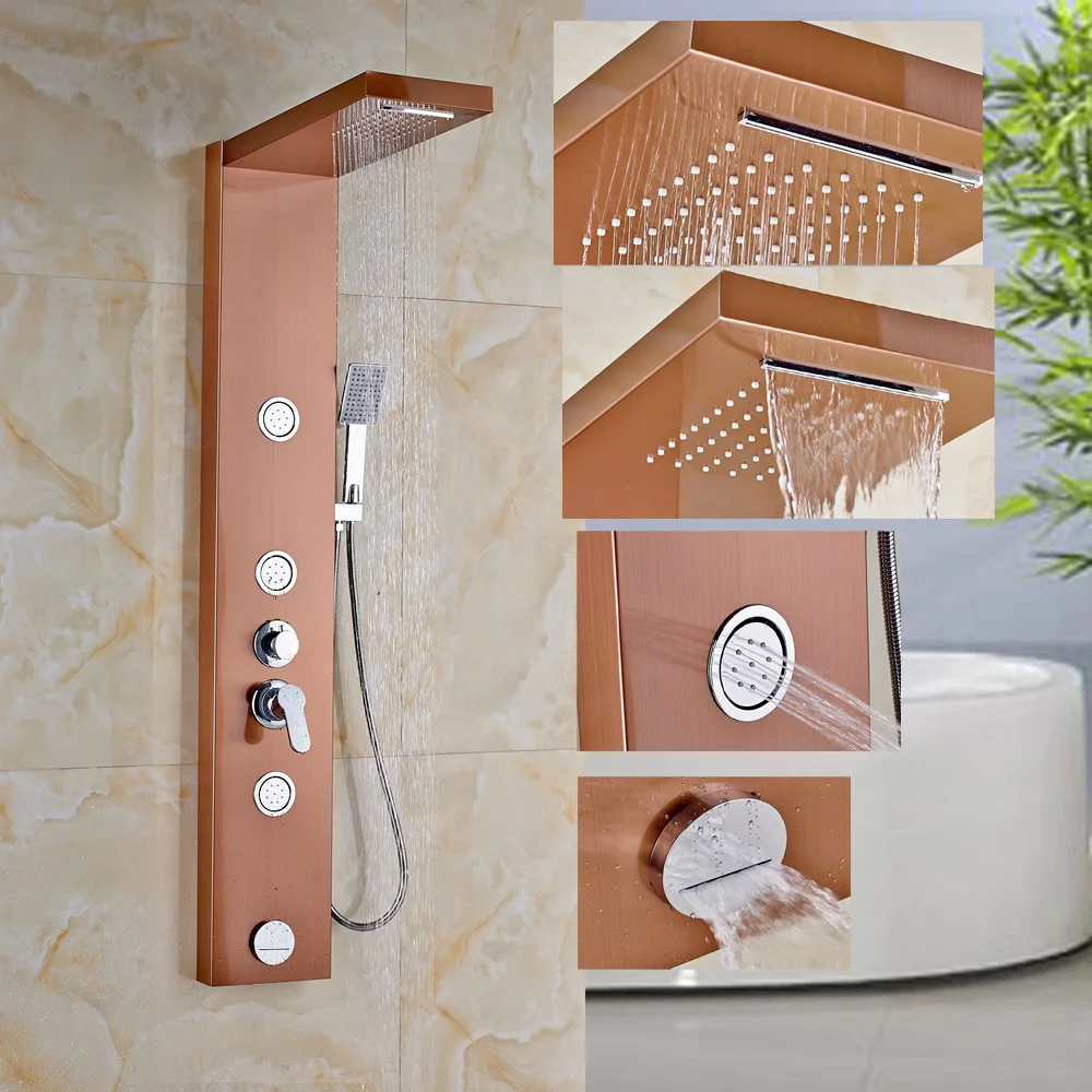 

Rose Gold Shower Column Panel Jets Tub Hand Shower Unit Rain Waterfall Faucet