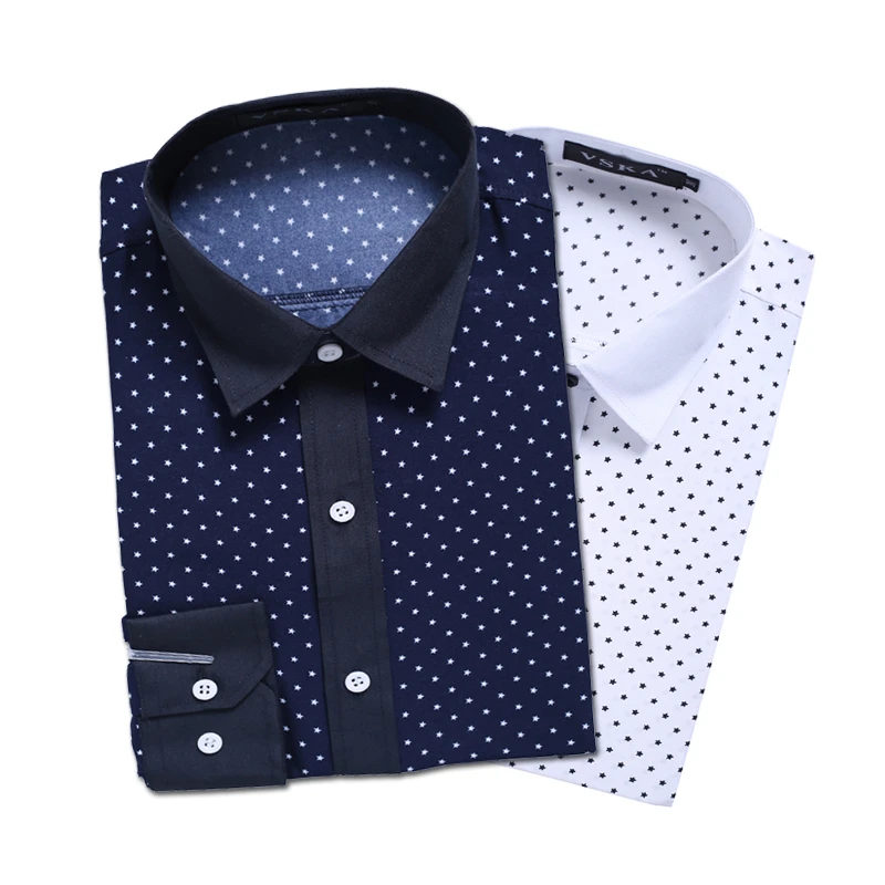 navy blue dress shirt with white polka dots
