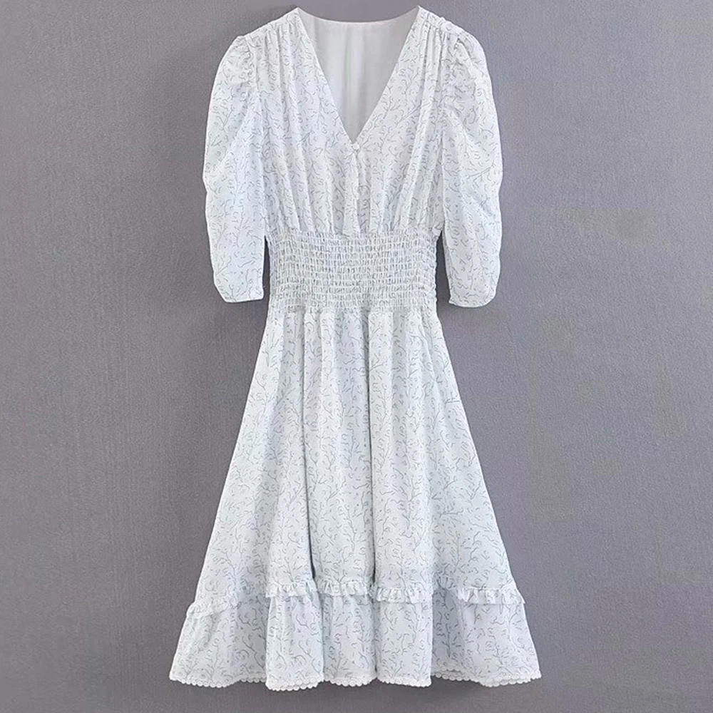 

2019 Summer Women Lace Mini Dress Ruffles V Neck Puff Sleeve Elastic Waist A Line Dresses Loose Hippie Beach Short Dress Vestido